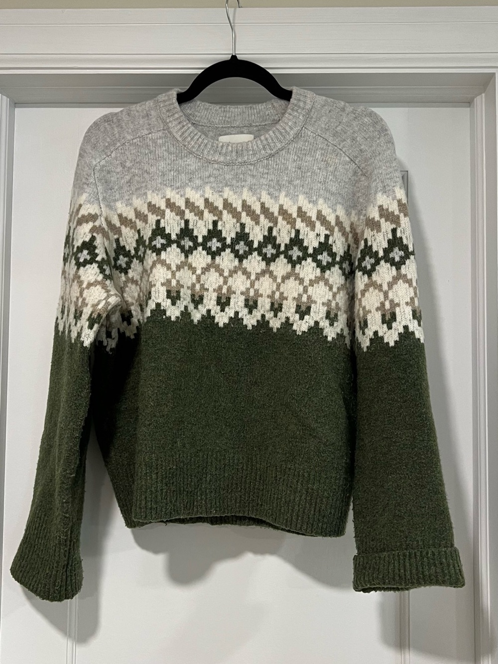 A & F Madeline Olive and Light Gray Fair Isle Crewneck Sweater